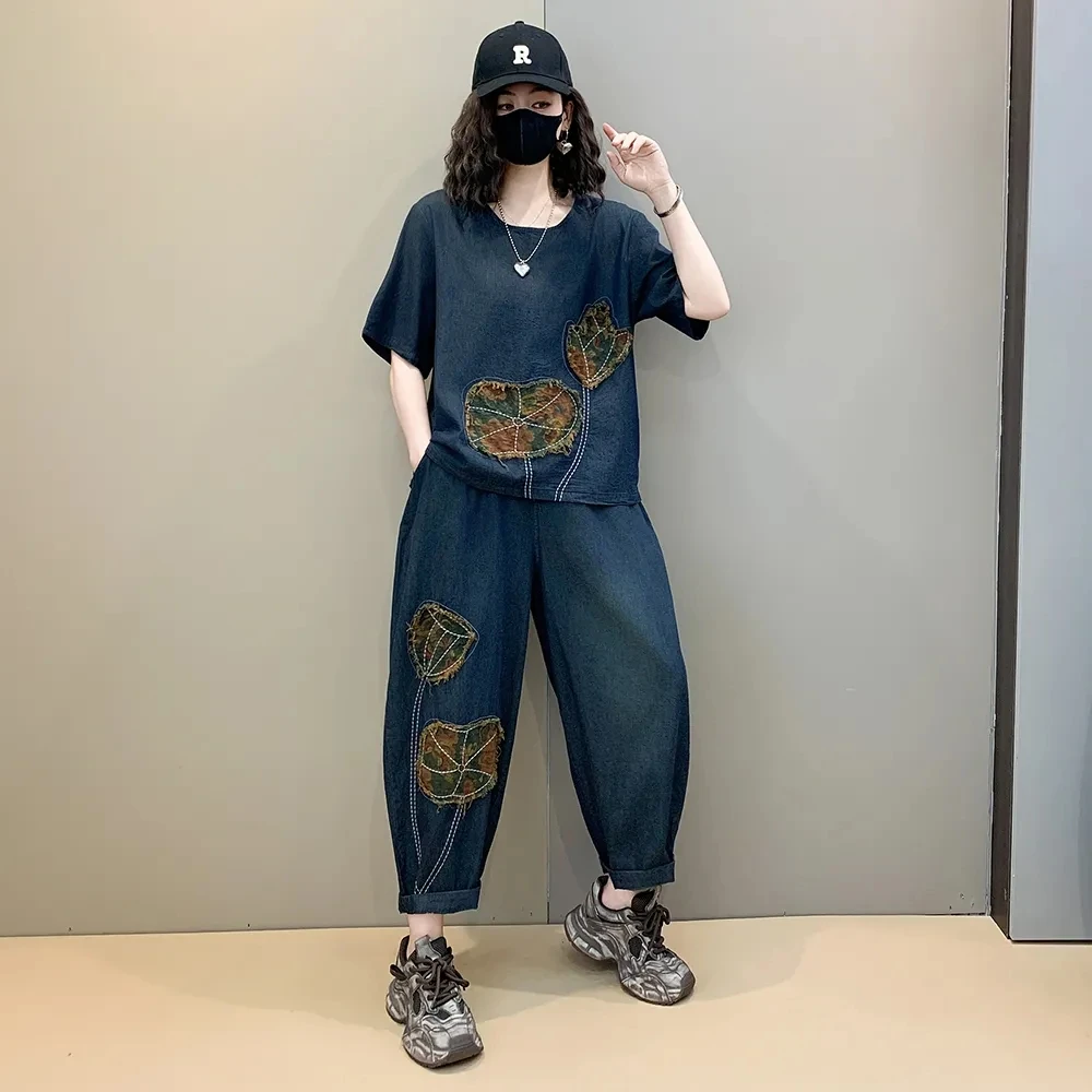 

2025 Summer New Womens Suits Fashion Denim 2 Pieces Sets Loose Tops Tees Casual Jeans Vintage Wide Pants Embroidery Outfits