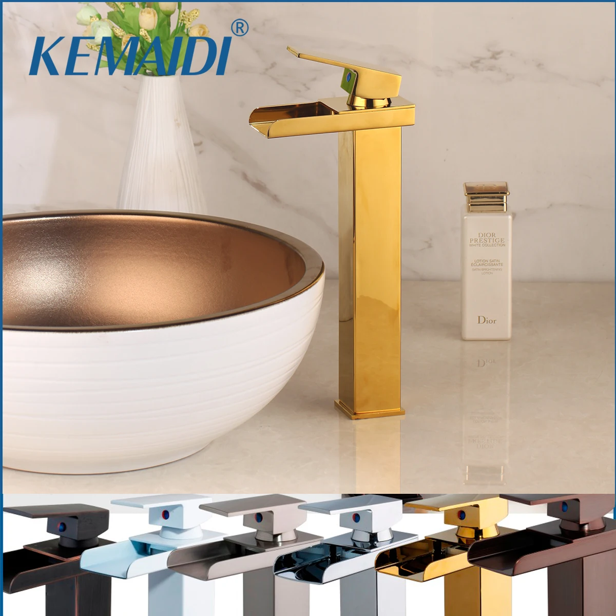 

KEMAIDI Bathroom Basin Sink Faucet Brass Waterfall Faucets Single Lever Deck Mounted Mixer Hot Cold Water Tap Gold Black Taps