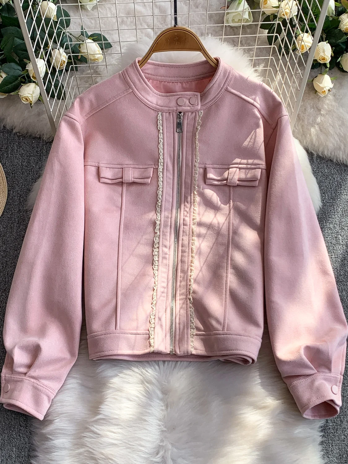 

Розовый бархатный топ из кожи оленя, женский облегающий топ с кружевной отделкой, нежный топ 2025, Новое поступление, верхняя одежда для миниатюрных женщин