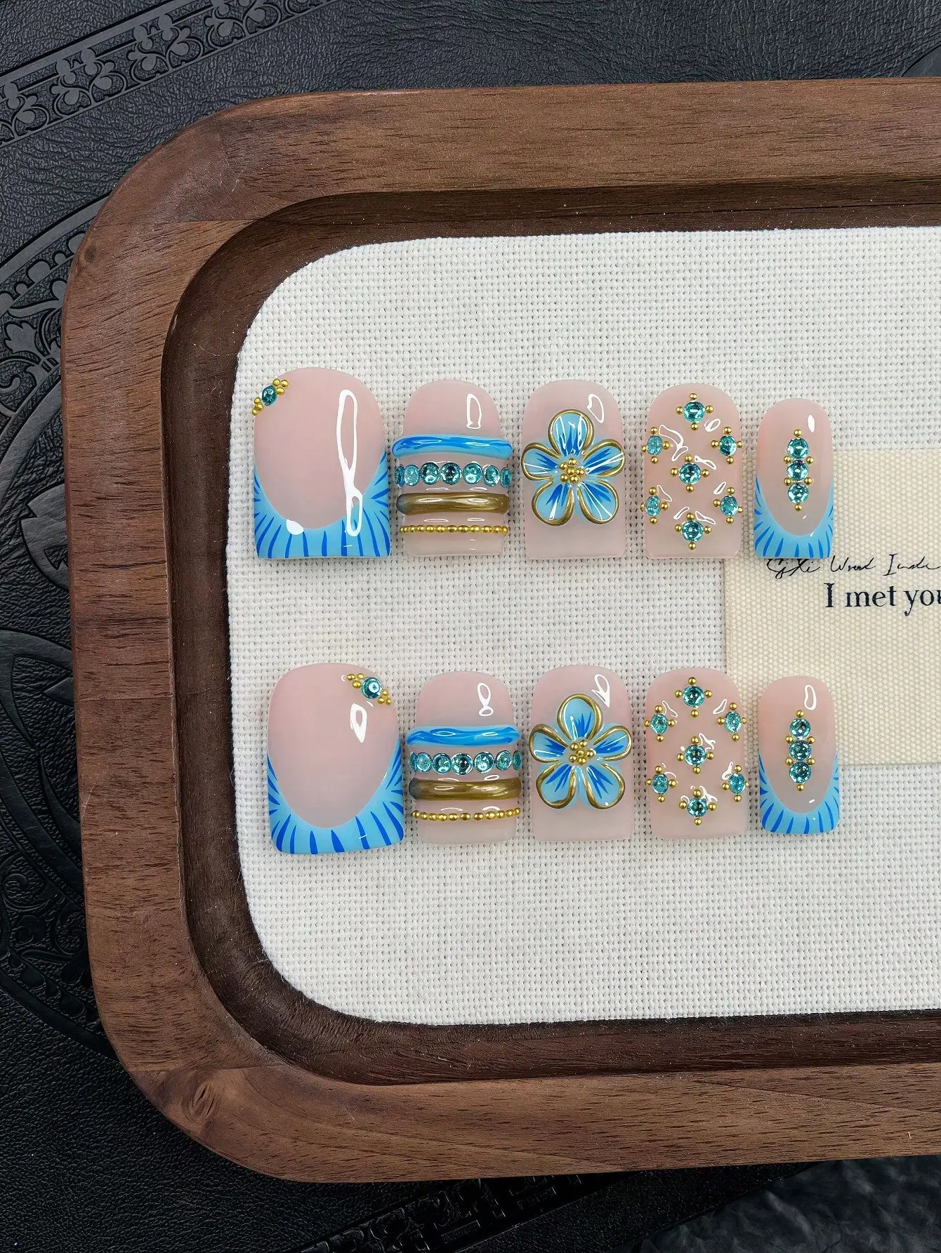 10pcs Y2K Nails Square Press On Nails Set - Handcrafted, Pink Nails, Blue Nails, Blue French Tip Nails, Handmade 3D Blue Flowers