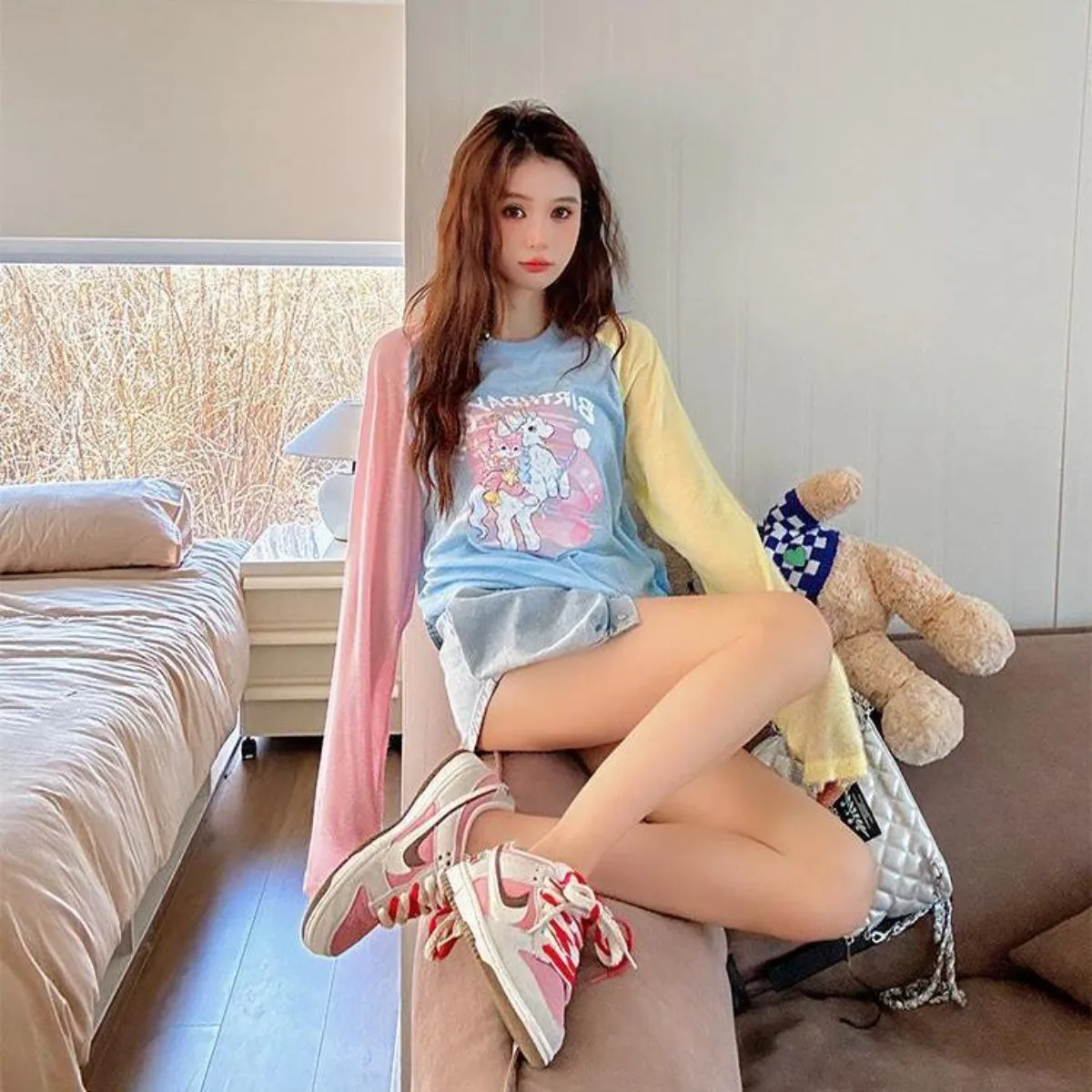 여성 활력 여름 데이 도파민 프린팅 라운드 넥 긴 패턴 소매 티셔츠 탑 여성 캐주얼 여성 티셔츠 트렌드