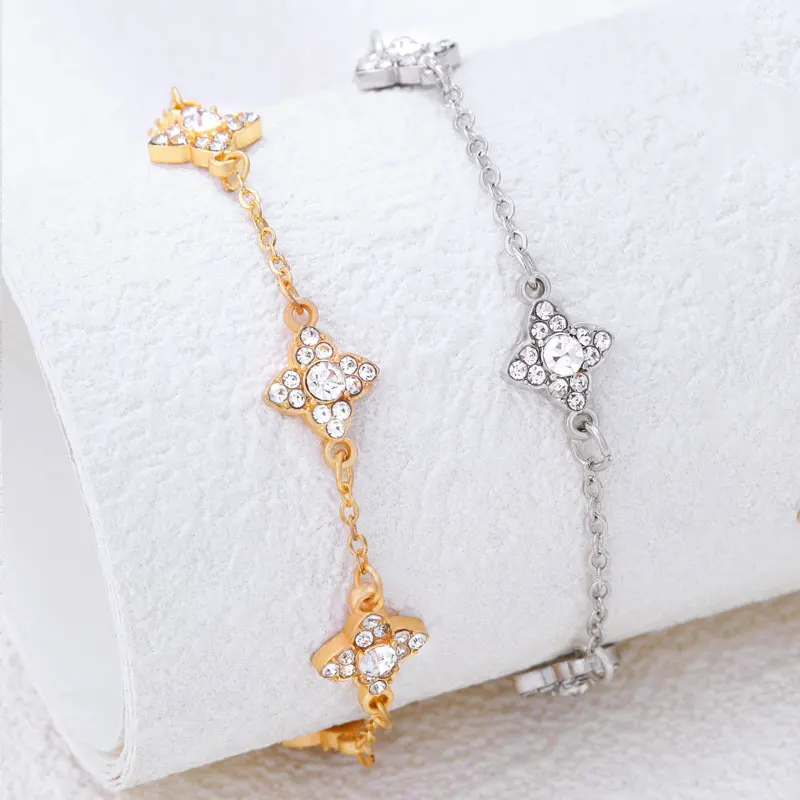 Luxury Four Leaf Clover Rhinestone Bracelet for Women Girl Elegant Thin Chain Wristband Jewelry Party Banquet Hand Accessories