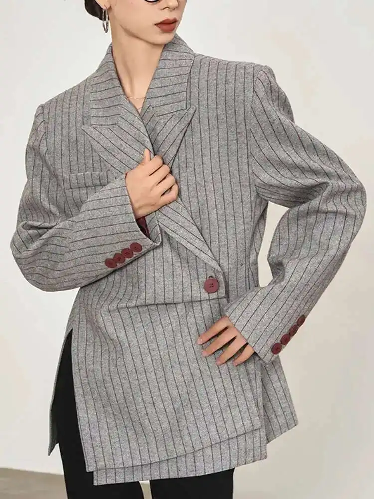Senior Fashion Stripe Printed Asymmetric Blazers Women's Notched LongSleeve Gathered Waist Jackets 2025 Spring Newest outerwears