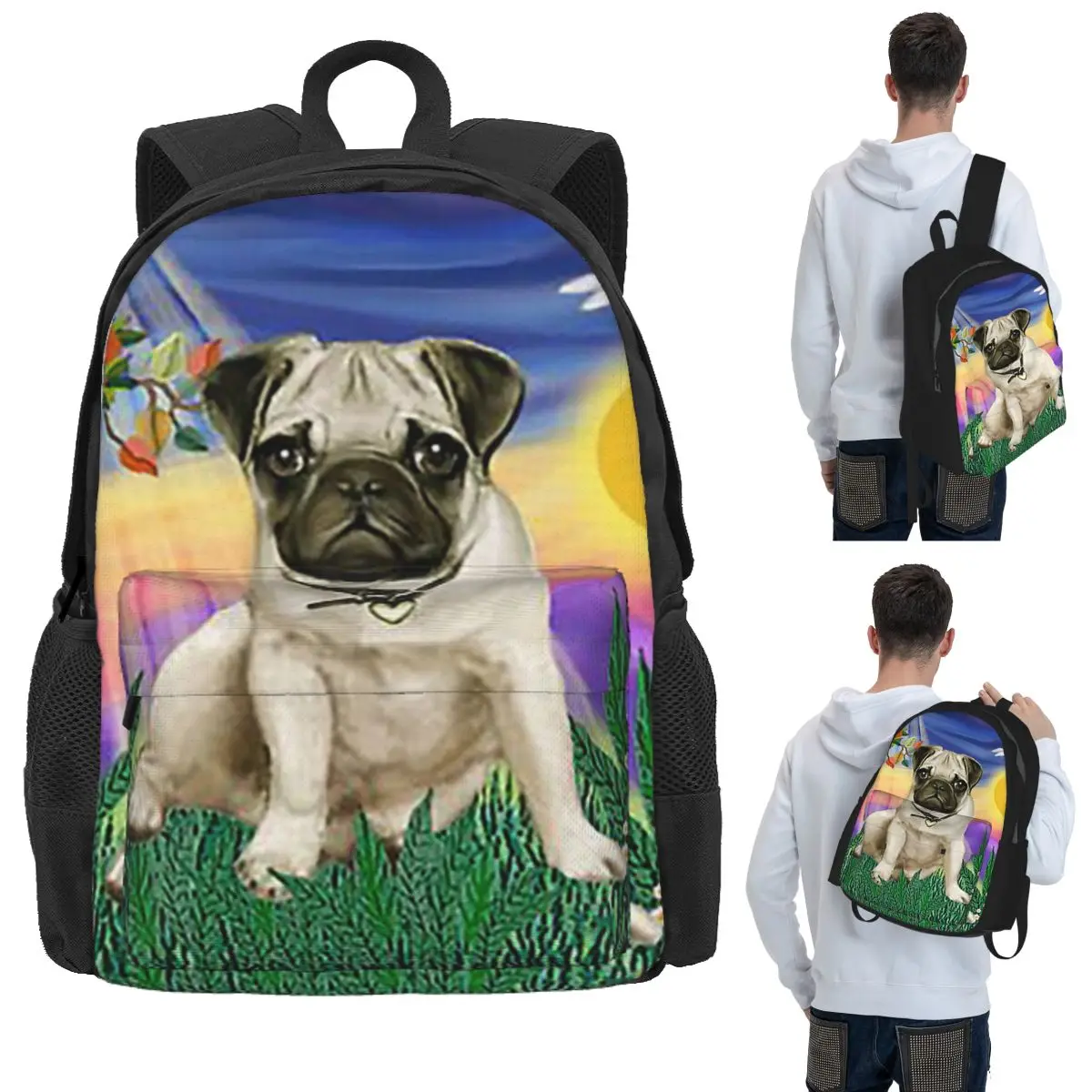 Twilight With A Pug Student Backpack School Bag Hiking Travel Daypack for Boys Girls Bookbag Shoulder Bags