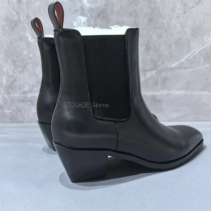 Black Leather Chelsea Boots for Men Pointed Toe British Short Boots Mid Chunky Heels Ankle Booties Retro Boots Male Big Size 48