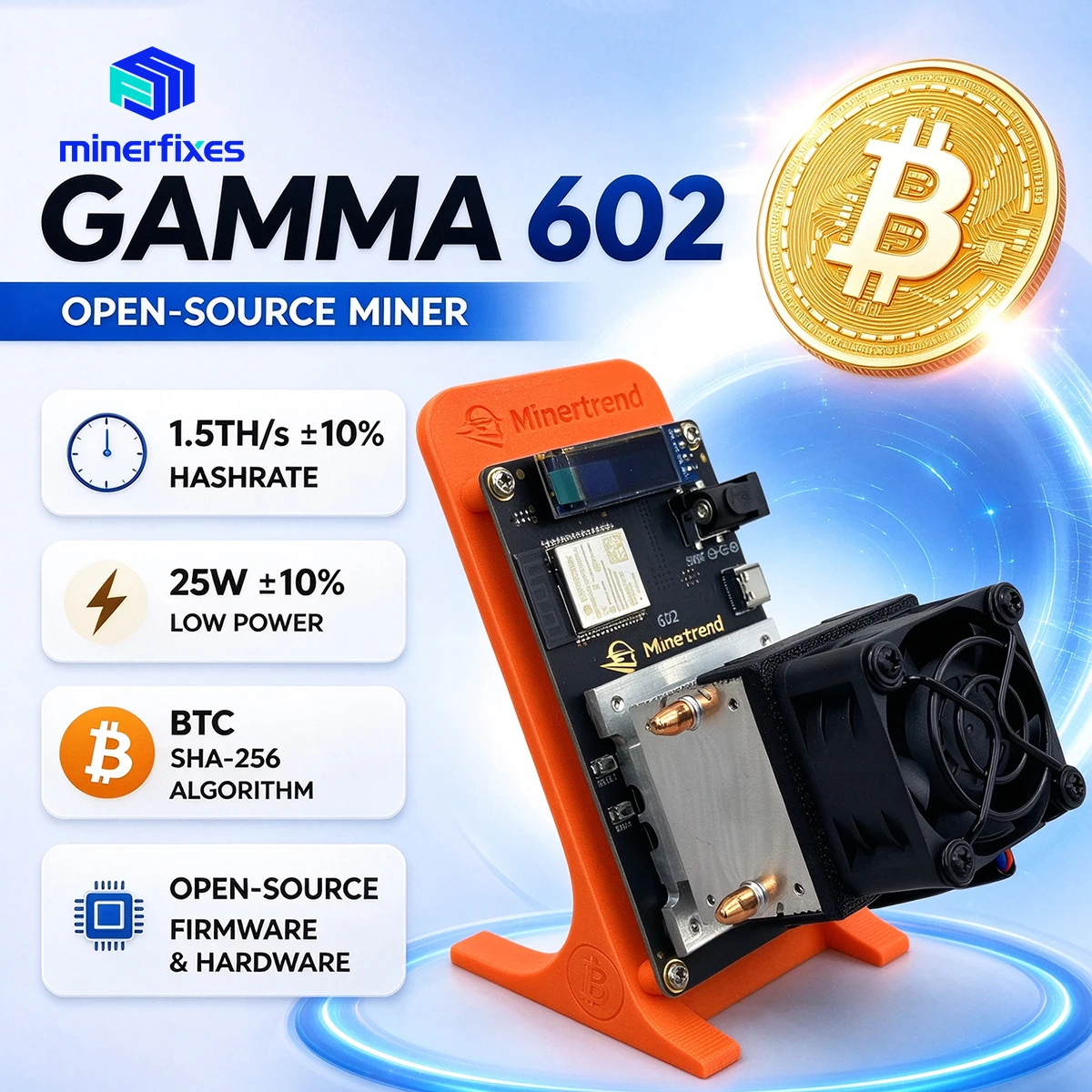 Bitaxe 602 Gamma Upgrade-Kühler Bitcoin-Miner 1,5 TH/s 25W SHA256 BM1370 ASIC-Chip Lotterie-Krypto-Mining-Maschine Solo-Miner BTC