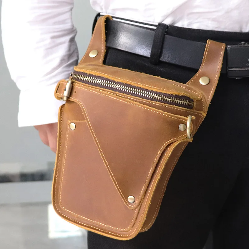 Leather men's backpack for outdoor construction, men's waist bag, knight bag, retro wild horse top-grain cowhide crossbody bag