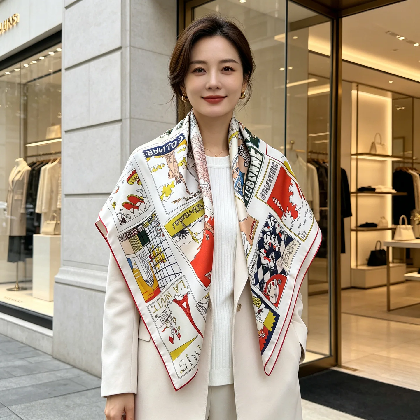 High-end Elegant Women's Enjoyable World Print Quality 14MM Twill 100% Mulberry Silk Hand-rolled Edge Large Square Scarf Shawl