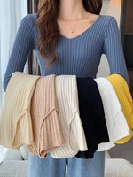 2026 Korean Autumn Winter V Neck Sweater Fashion Casual Long Sleeve Knitted Sweaters Solid Color Slim Pullovers Women Clothes