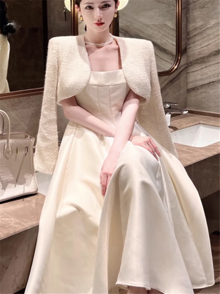 

Big Size 3XL Elegant Celebrity 2 Piece Sets Square Collar A Line Long Tank Dress&O Neck Short Coat Jacket Chic 2pc Skirt Suits