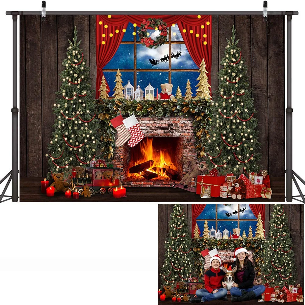 Merry Christmas Party พื้นหลังสำหรับ3d Hiasan Kamar Xmas ต้นไม้เตาผิงฉากหลังฤดูหนาวแช่แข็งหน้าต่างวันเกิดยิง