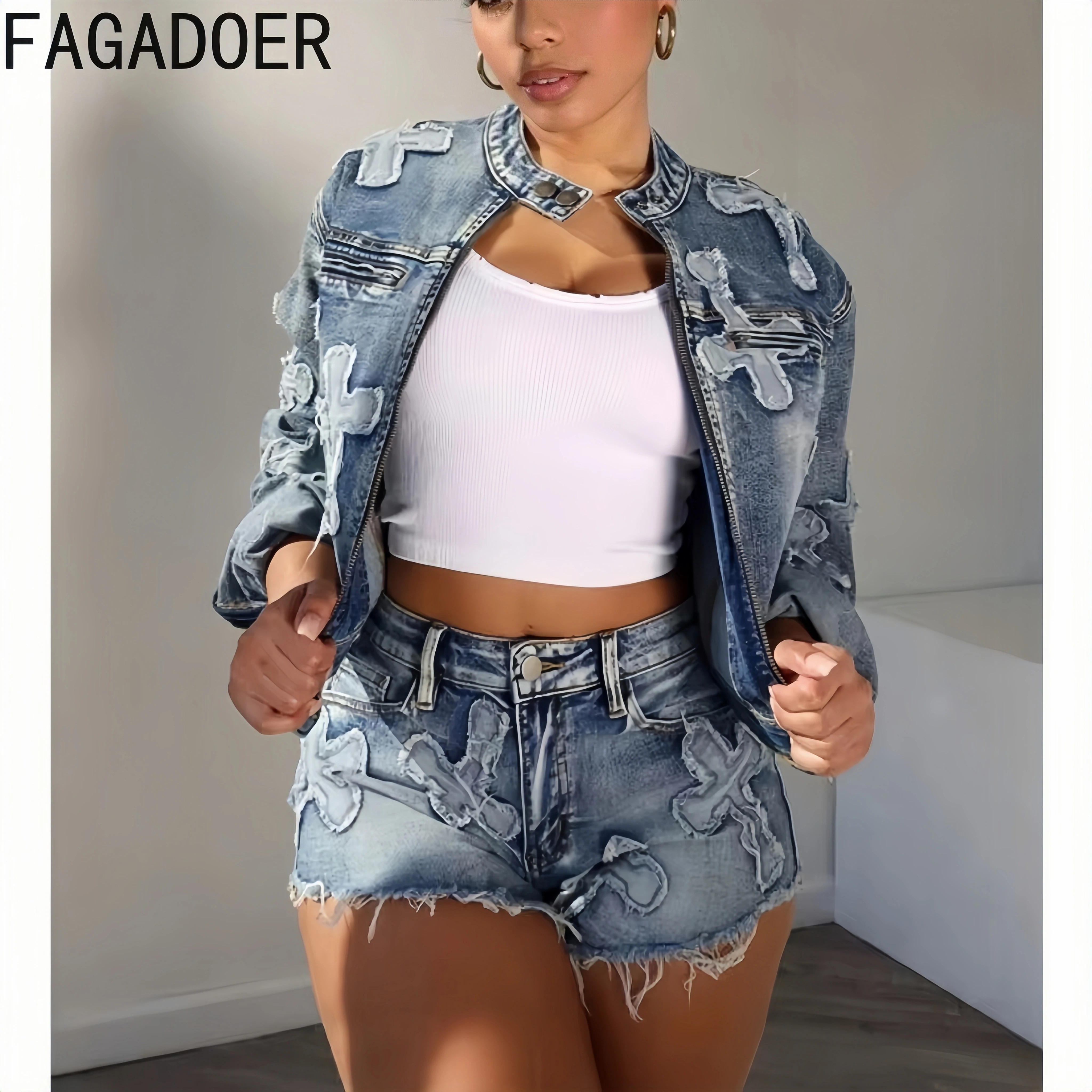 Fagadoer Mode Denim Borduurwerk Shorts Tweedelige Sets Vrouwen Rits Lange Mouw Jas En Korte Broek Outfits Vrouwelijke Cowboy 2 Stuks Pak