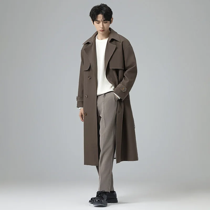 Design Sense Double Disc Super Long Windbreaker Men's Over-the-knee Double-breasted Loose Top High Sense Lace-up Jacket for Men