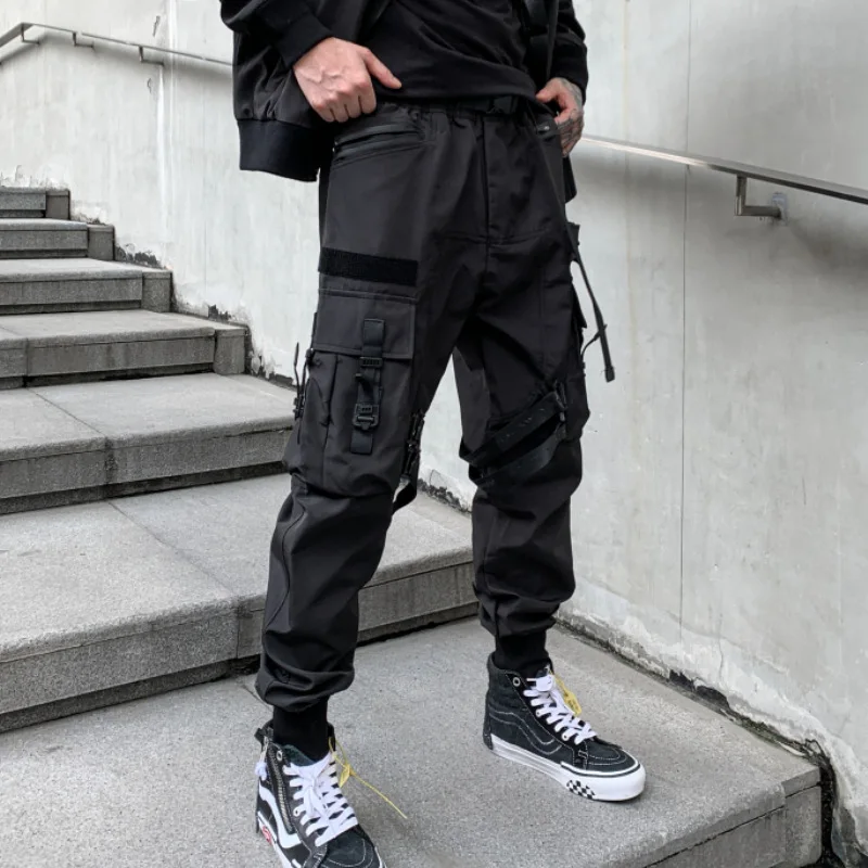 

Multi-pockets Ribbons Bandage Tactical Techwear Cargo Pants Mens Harajuku Punk Hip Hop Joggers Pantalons Casual Streetwear