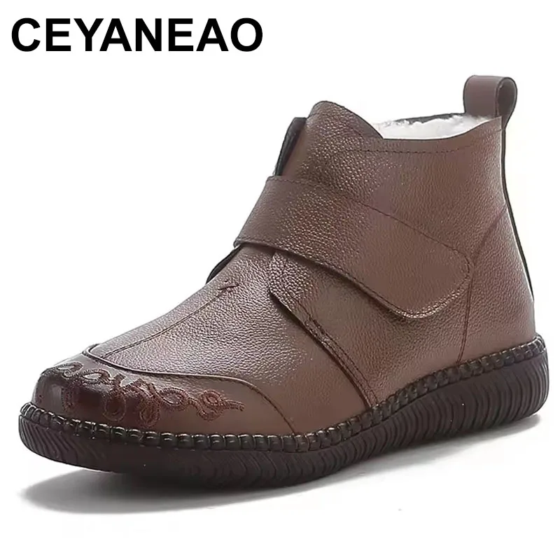 

New Fashion Mom Genuine Leather Wool Boots Flat Soft Sole Non-slip Comfort Warm Snow Boots Women Shoes Ankle Boots