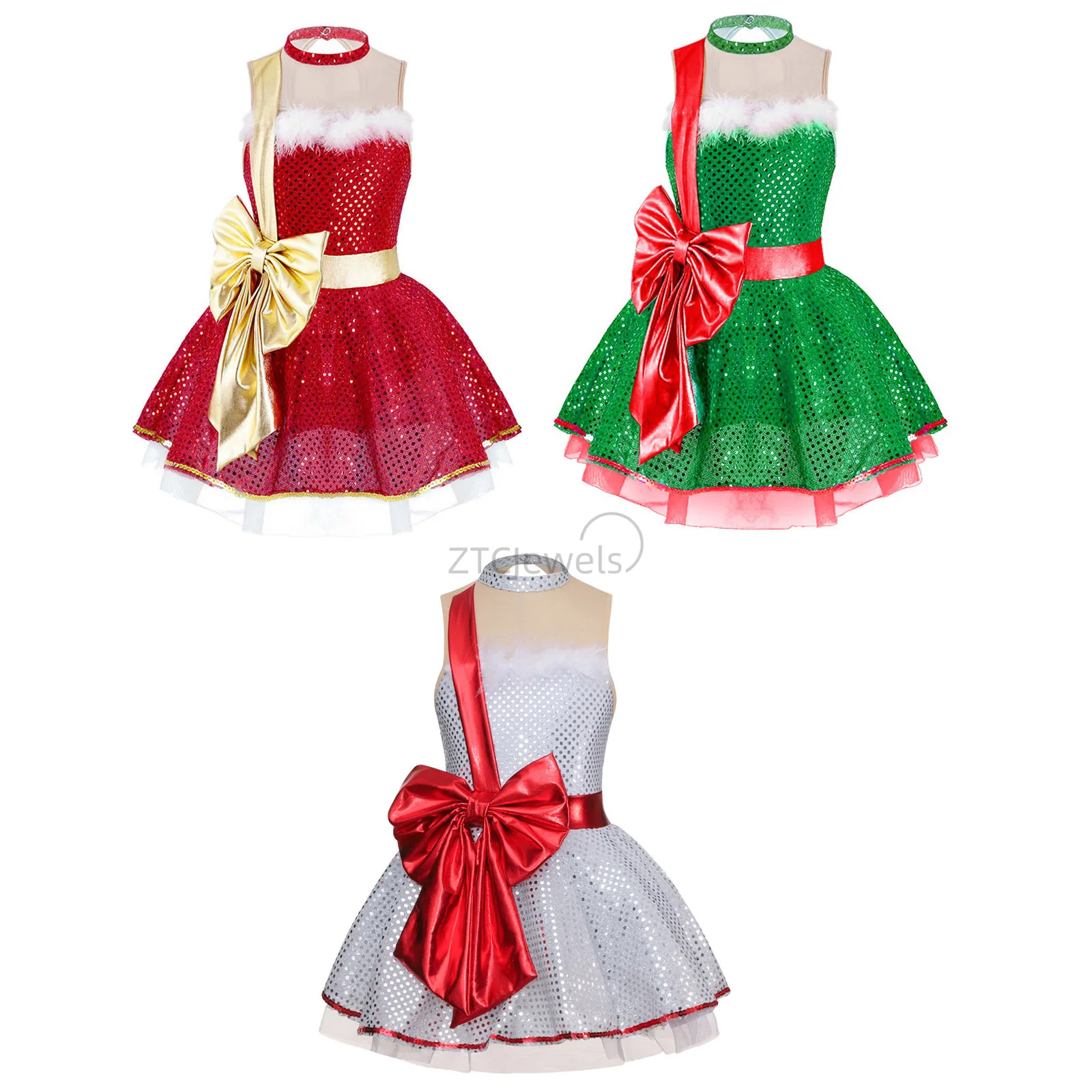 Girls Kids Christmas Santas Claus Elf Costume Princess Fancy Tutu Dance Leotards Dress Xmas Cosplay New Year Party Dress Up