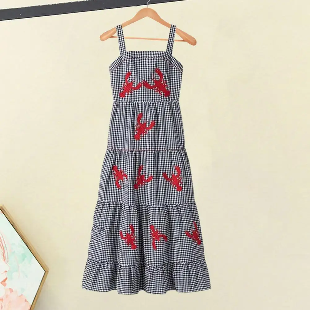 Long Dress Lobster Embroidered Plaid Midi Dress for Women A-line Vacation Beach Dress with Square Neck Loose Hem Soft Breathable