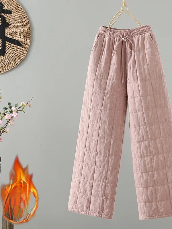 

Чистый цвет, стеганые широкие хлопковые брюки с эластичной резинкой на талии, повседневные утягивающие прямые брюки, зимние теплые женские большие размеры