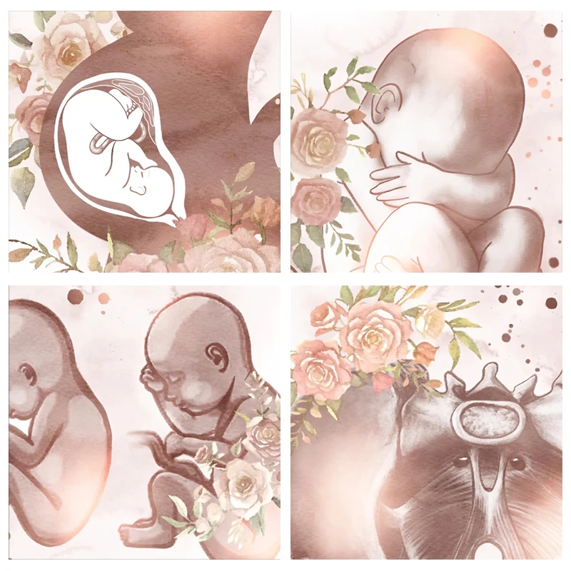 Pregnancy Fetus With Flowers Art Prints Medical Education Posters Female Uterus Pelvis Skeleton Canvas Painting Office Decor