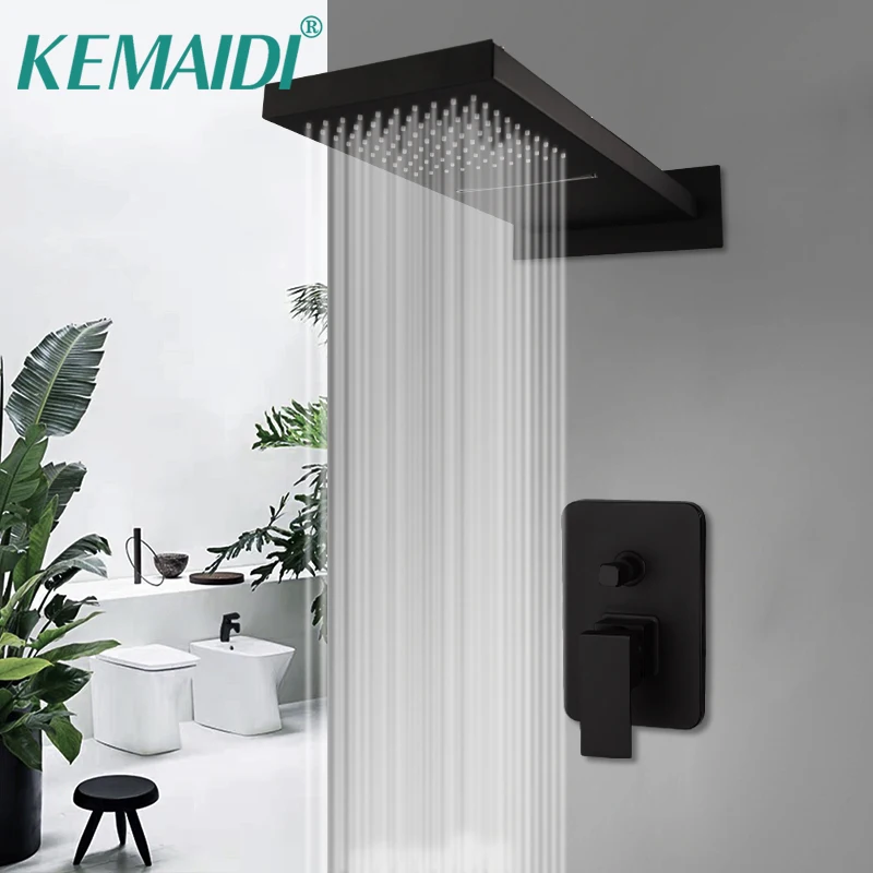 

KEMAIDI Matte Black Bathroom Shower Faucet Wall Mounted Big Rainfall Shower Head W/ Mixer Set without Handheld Shower Head