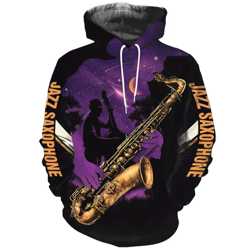 Men's Sax 3D Print Music Instruments Hoodie Fashion Long Sleeves Saxophone Graphic Pullovers Casual Long Sleeve Sweatshirts