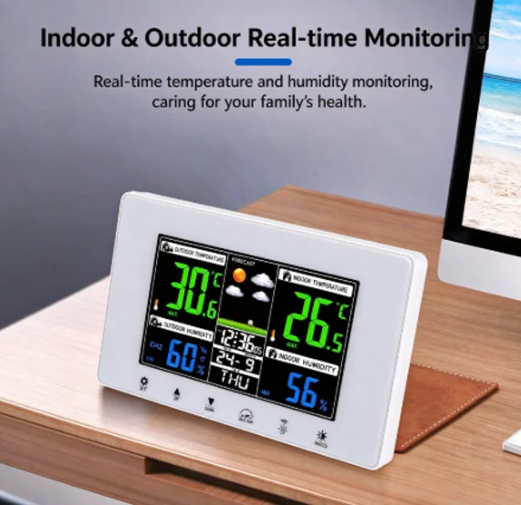 Multifunctional Weather Station Alarm Clock Touch Screen Thermometer Hygrometer Wireless Sensor Sunrise Sunset Hygrothermograph gallery 5