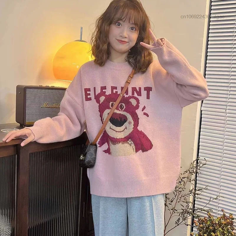 Disney Lotso Women Fashion Clothes Korean Style Sweater Female Autumn Winter Rounde Neck Cute Pullover Y2k New Cartoon Knit Tops