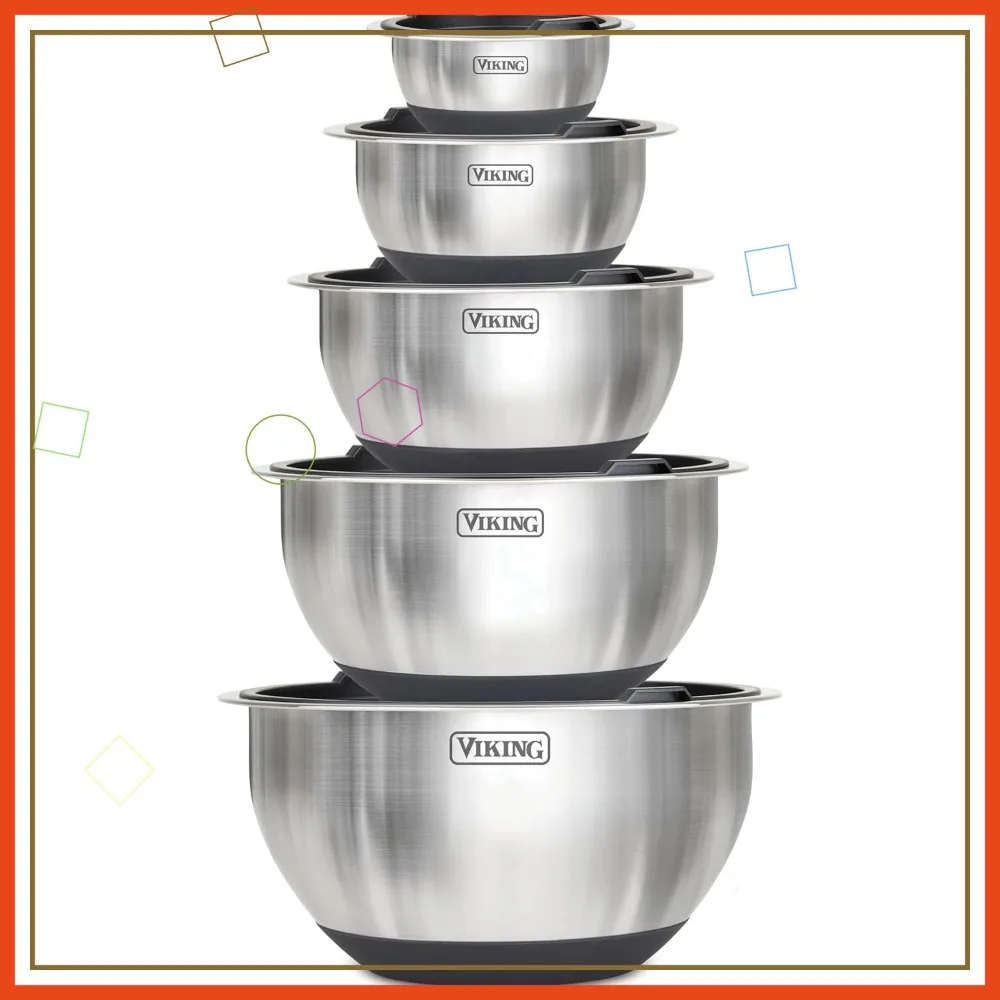 

10-Piece Stainless Steel Mixing Bowls Set with Non-Slip Silicone Base, Tight Lids, Dishwasher Safe in Black