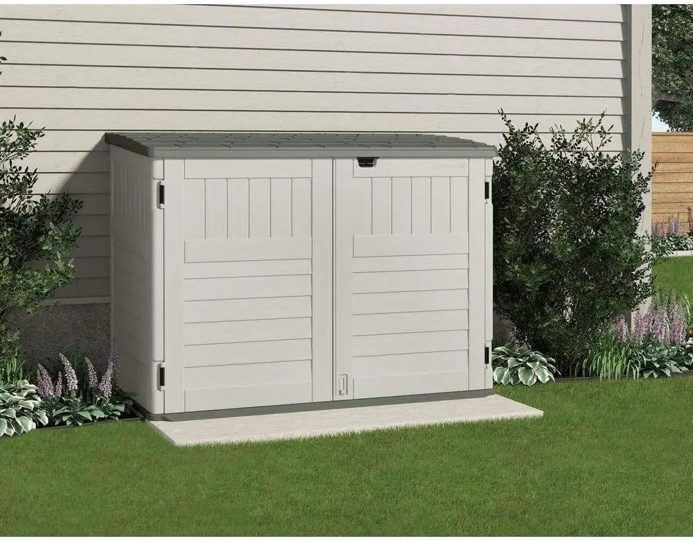 Suncast 5.9 ft. x 3.7 ft Horizontal Stow-Away Storage Shed - Natural Wood-like Outdoor Storage for Trash Cans and Yard Tools