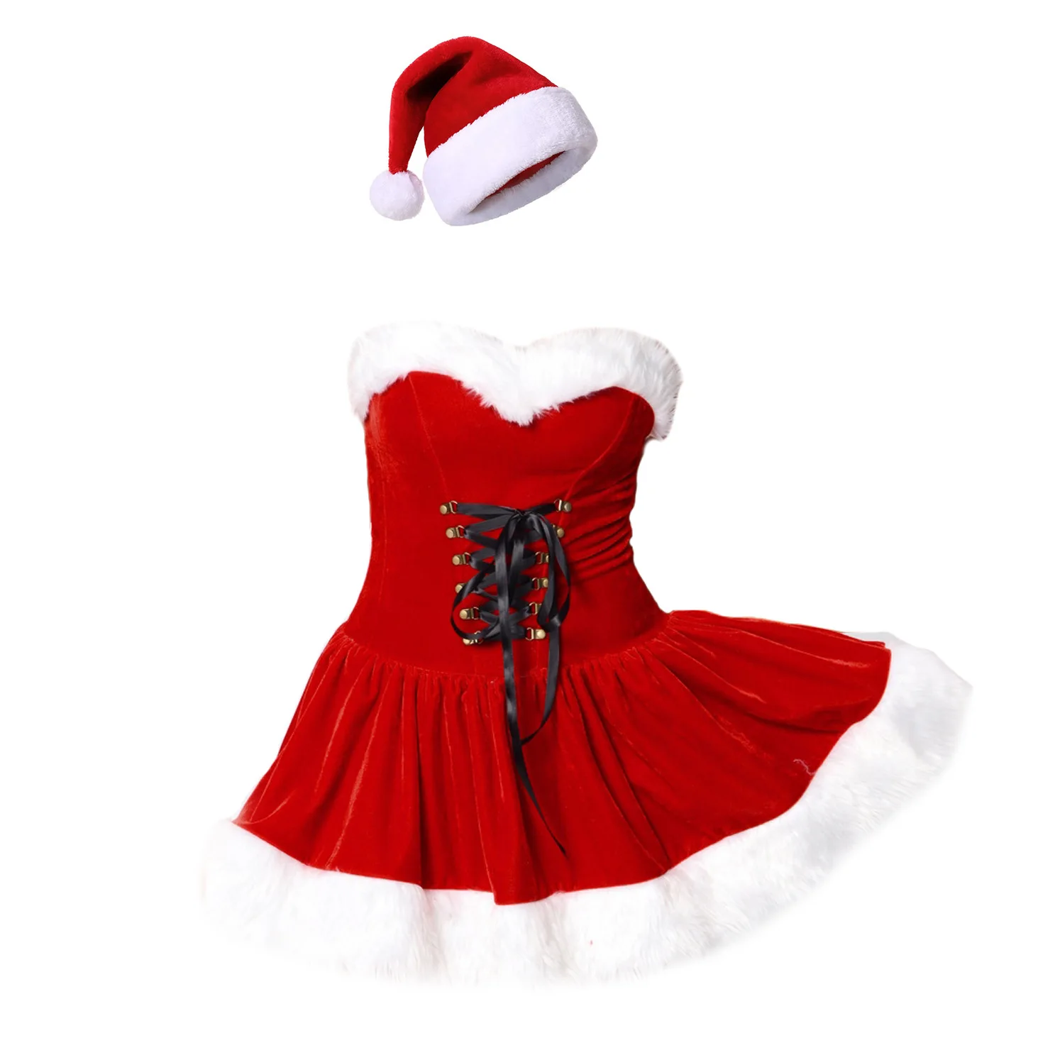 Mini-Robe Bustier Mère Noël Sexy en Velours avec Bonnet – photo 7