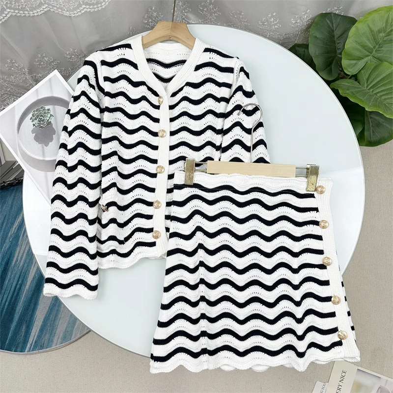 

Женский вязаный хлопковый кардиган с юбкой, на одной пуговице, с полосатым узором, модный дизайн для весенне-осеннего сезона