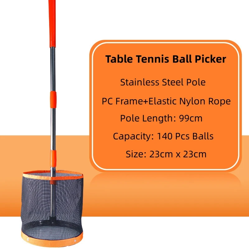 99cm Stainless Steel Pole Ping Pong Ball Picker Round Bucket Table Tennis Ball Collector, able to Contain 140 Pcs Balls