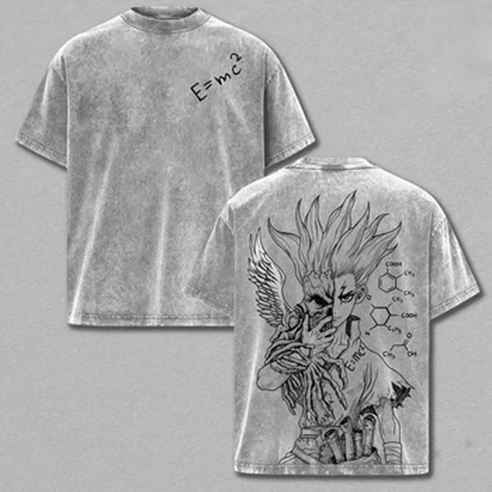 Dr.STONE Senku Ishigami Anime T-shirt Vintage Washed Oversized T Shirt Summer Short Sleeve Pure Cotton Tees Clothes Men Clothing