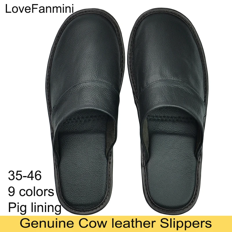 Genuine Cow Leather Slippers Homes in indoor slipper Spring Autumn summer men women elderly non-slip casual single Slides shoes