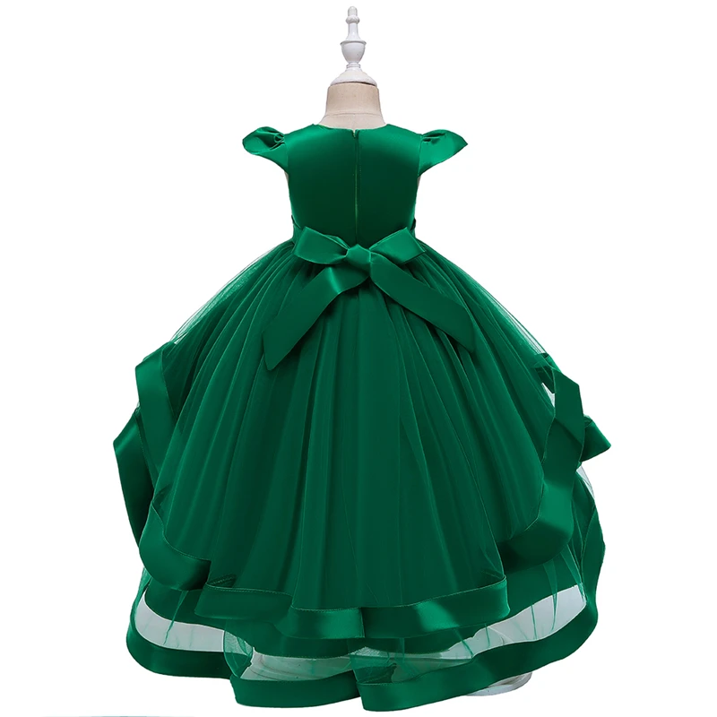 green Girl Embroidered Beaded Princess Dress For 3 to 12 Year Girl Tail Party Dress Kid School performance costumes