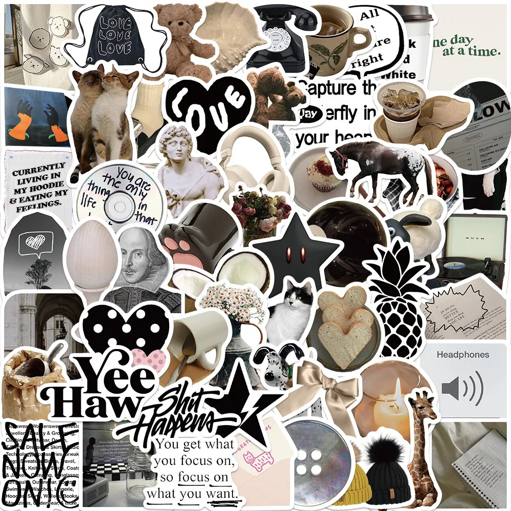 60 Adesivos Estilo Ins Apathy Preto e Branco Simples e Fofos para Celular, Caderno, Mala, Laptop, Geladeira e Parede