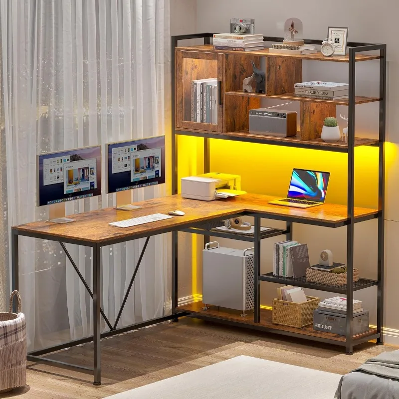 

L Shaped Computer Table, 58'' Office Desk with LED Light and Bookshelf, Corner Desks with Storage Shelves