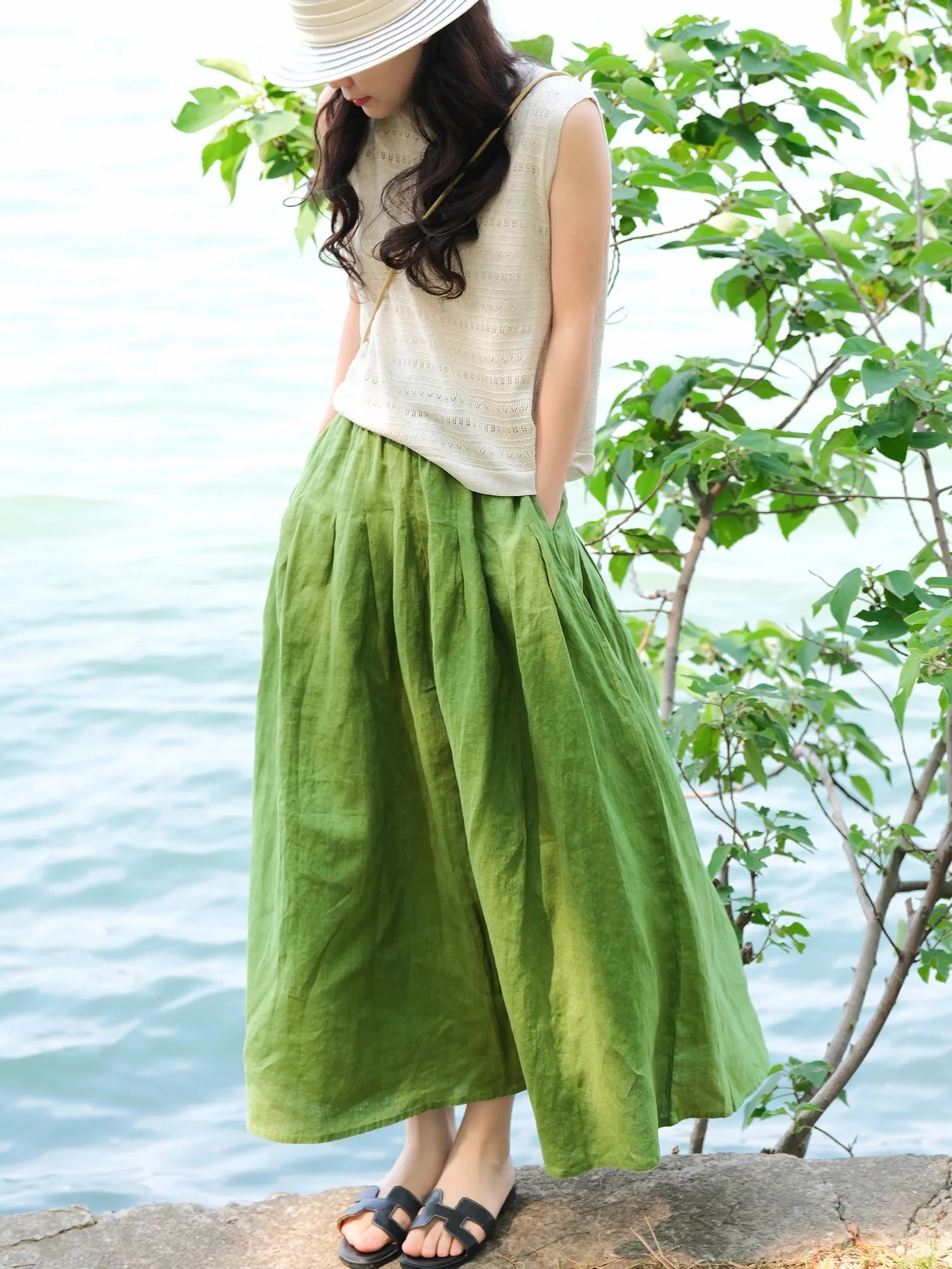 

Юбка с эффектом похудения, удобная, дышащая, с эластичной талией, модная, из льняного материала, женская, для повседневной носки, свободного кроя.