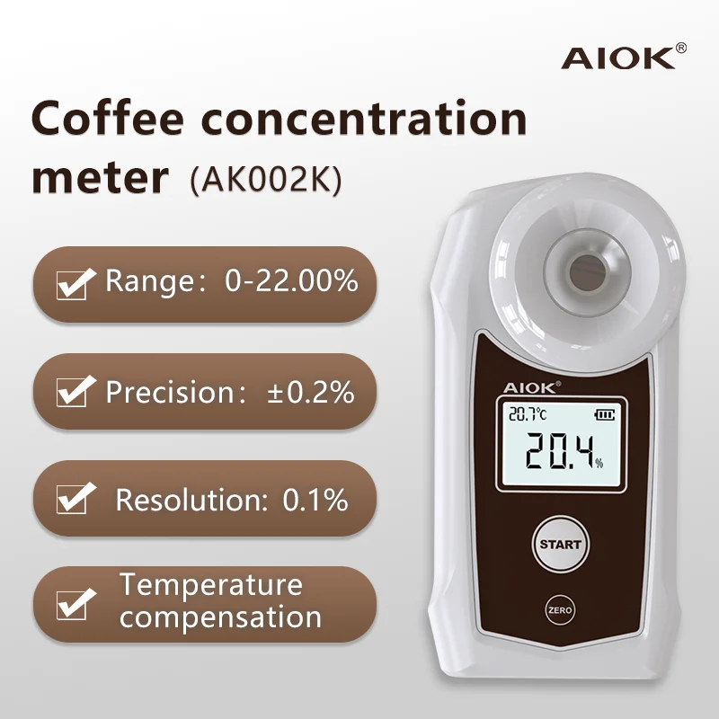 0-22% Range Coffee Concetration Meter High Precision Refractometer 0.1%  Accuracy IP67 Waterproof Auto Temperature Compensation