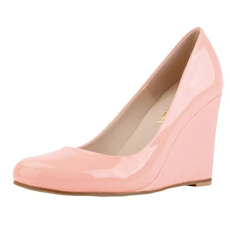 Women Wedge Pumps Autumn Pointed Toe Shallow Patent Leather High Heels Female Red Black Party Dress Wedding Shoes Large Size