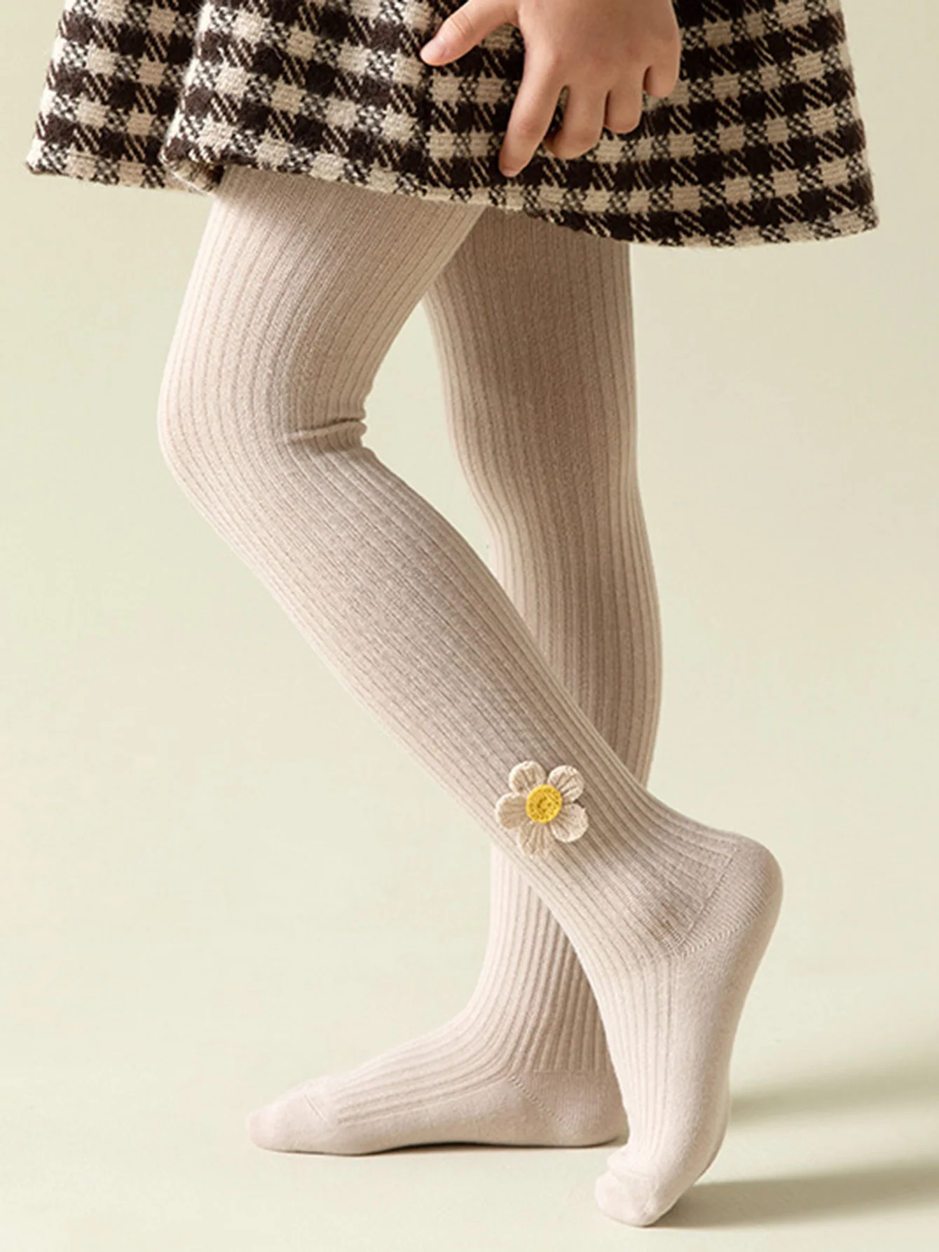 زوج واحد من جوارب طويلة ضيقة مخططة ومزينة بالزهور للأطفال، سراويل ضيقة مضادة للانزلاق للفتيات لارتدائها طوال العام #5