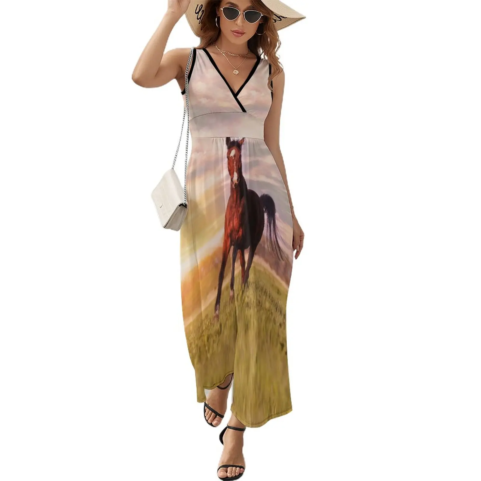 

Horse Running on Grass Dress Summer Street Fashion Bohemia Long Dresses Woman High Waist Design Beach Maxi Dress