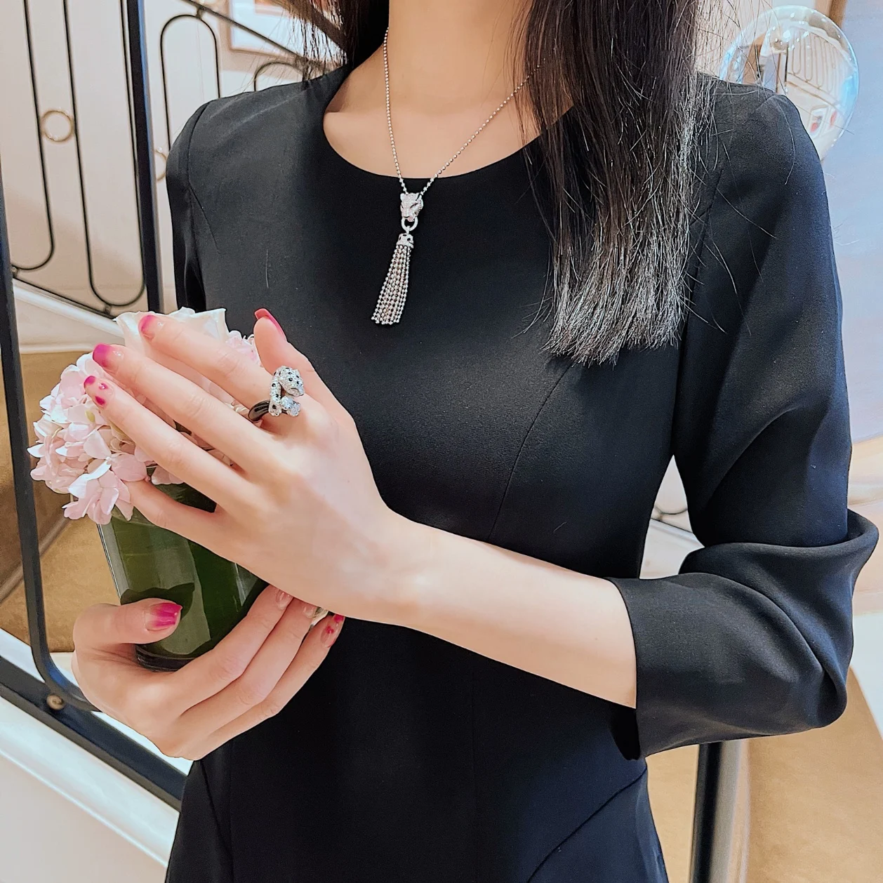 Luxury Designer Real 925 Sterling Silver Necklace Tassels Leopard Pendant Green Eyes Women High Quality Brand Jewelry