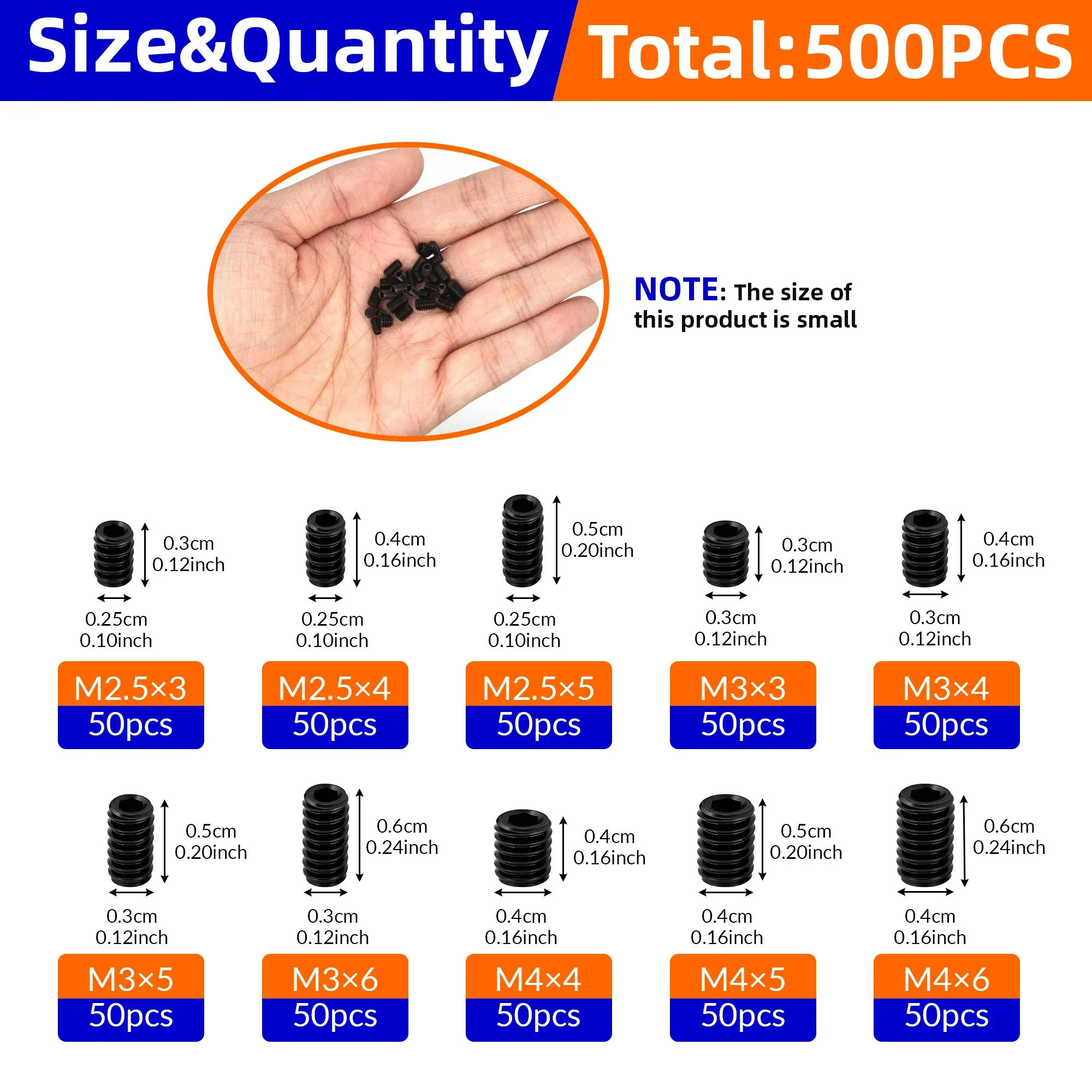 500/1500pcs Stainless Steel Black Hex Hexagon Socket Machinery Electronics Repair M2-M8 DIN916 304 Point Bolt Set Screw Kit Box