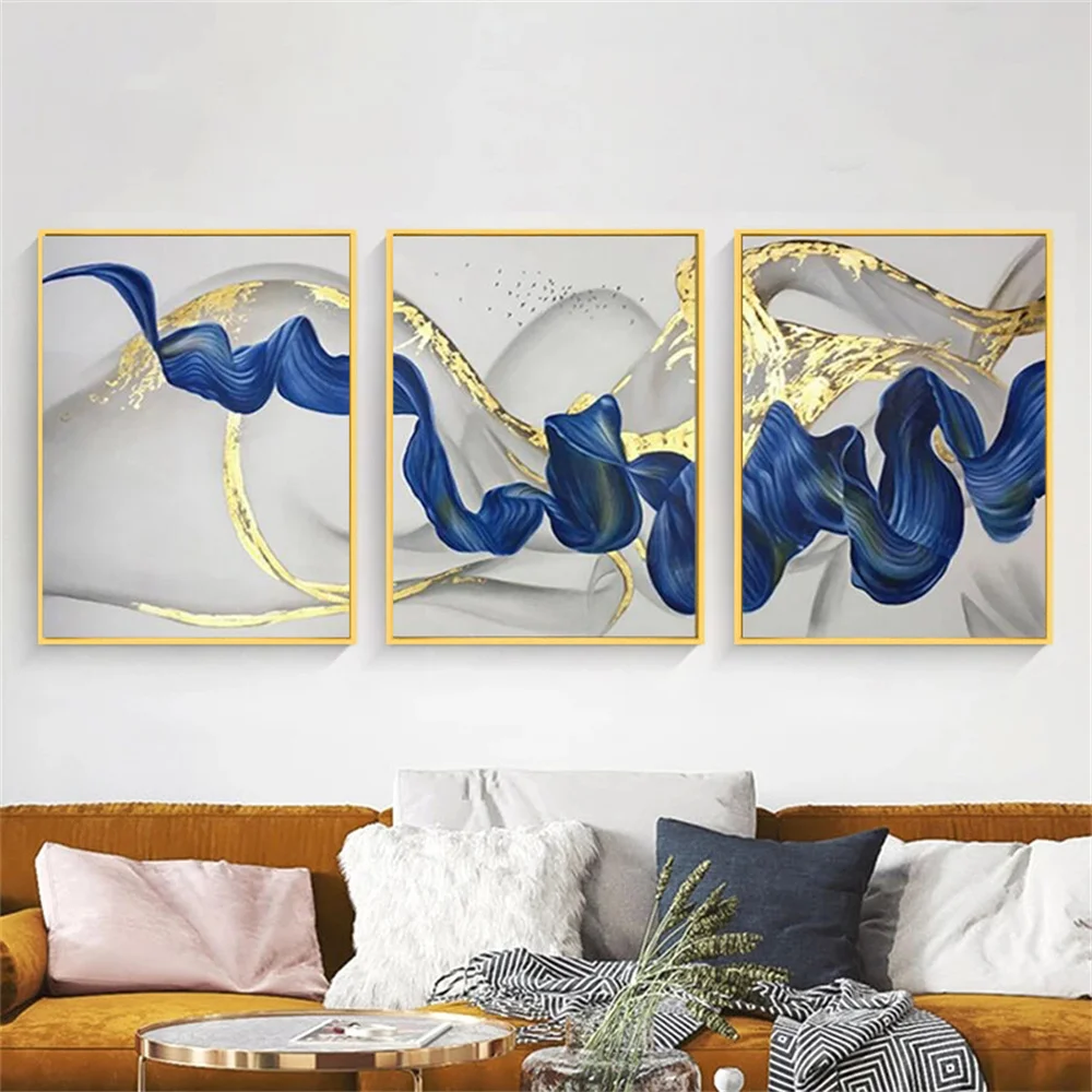 3 Panels Abstract Blue Gold Wave Canvas Painting Poster and Print Wall Art Pictures for Living Room Modern Home Decor Artwor