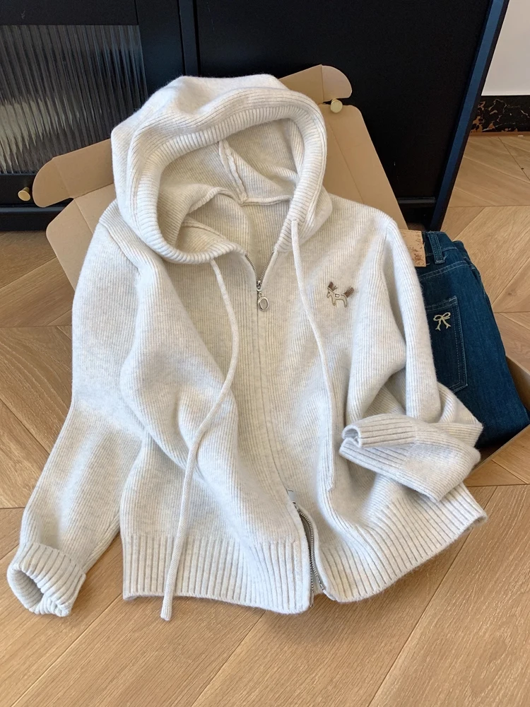 

Women's Loose Lazy Sle Long Sve Hoodie Knitted Cardigan Sweater Coat Double Zipper High-End Feeling Autumn Winter Top