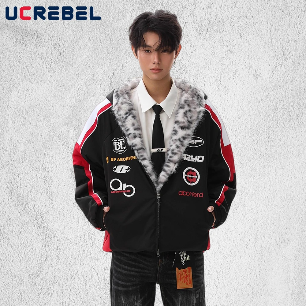 

Letter Print Motorcycle Padded Jacket Mens Contrast Paneled Winter Retro High Street Fur Collar Hooded Thick Quilted Jacket Man