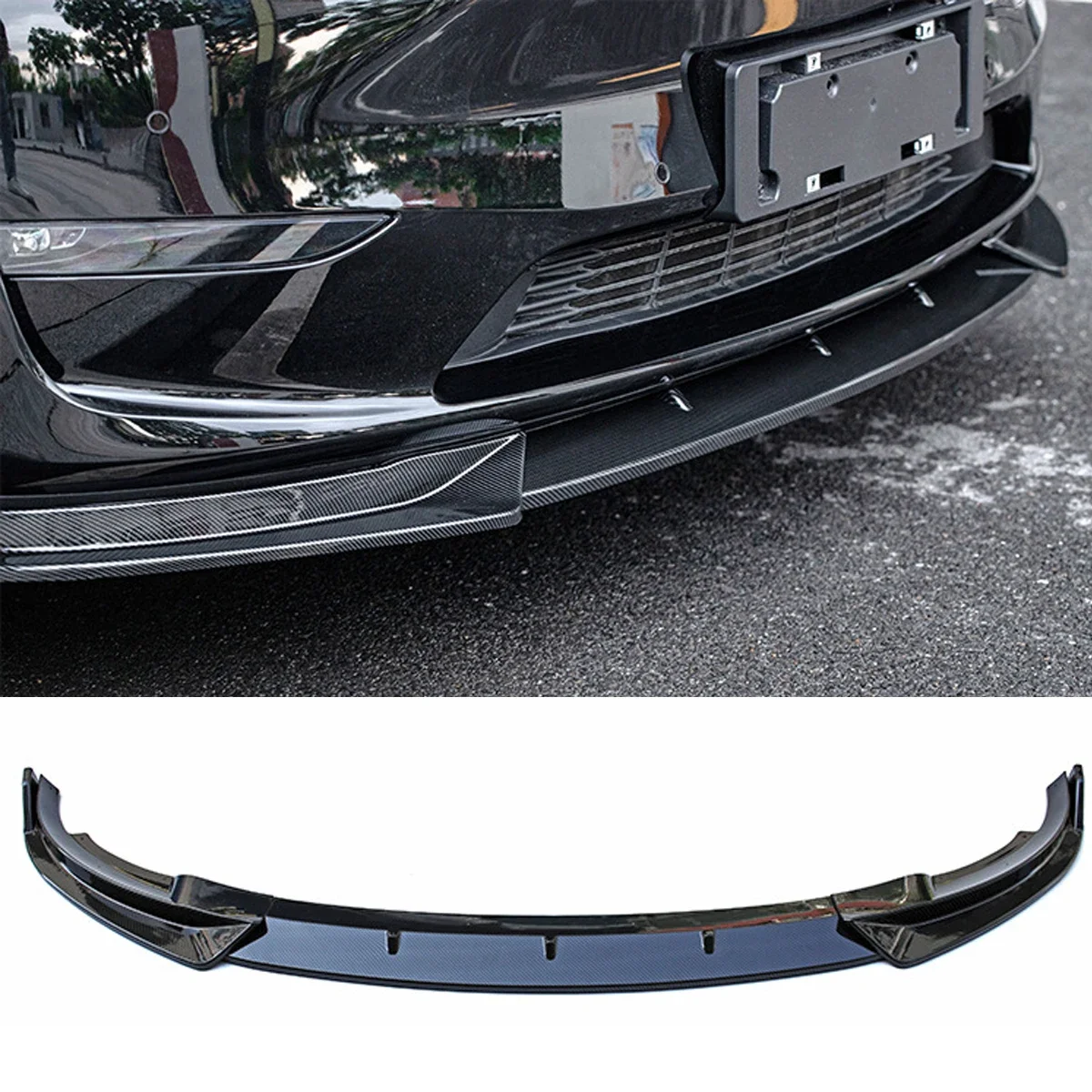 

3PCS For 2020-2021 Tesla Model Y Front Lip Side Bumper Chin Body Kit Spoiler Splitters Car Accessories Black Carbon Fiber Look