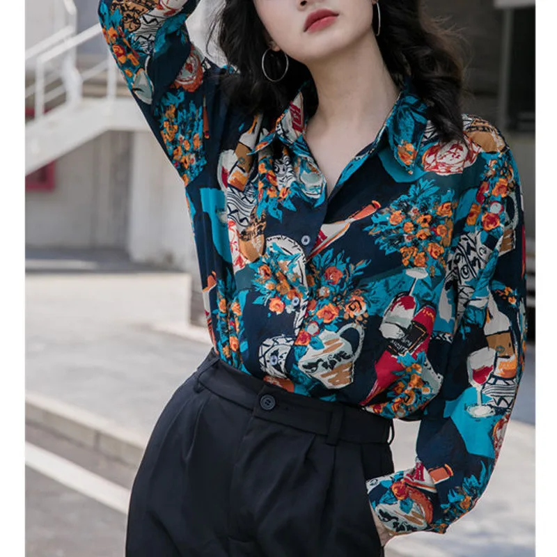 Y2K Harajuku Vintage Print Chic Streetwear Casual Loose Button Up Shirt 2023 Spring Autumn Fashion Long Sleeve Top Blouse Blusas