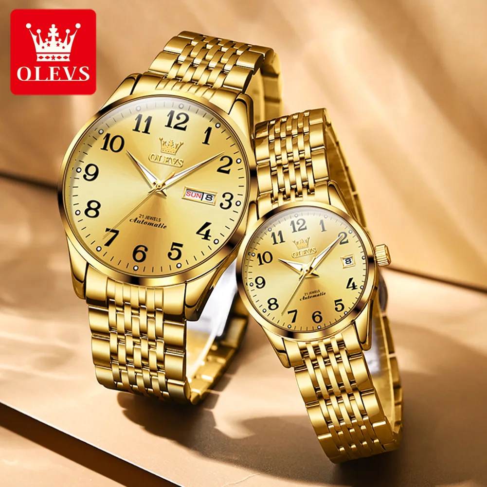 OLEVS Luxury Brand Couple Watches Original Automatic Mechanical Watch Waterproof Date Gold Stainless Steel Strap Digital Scale